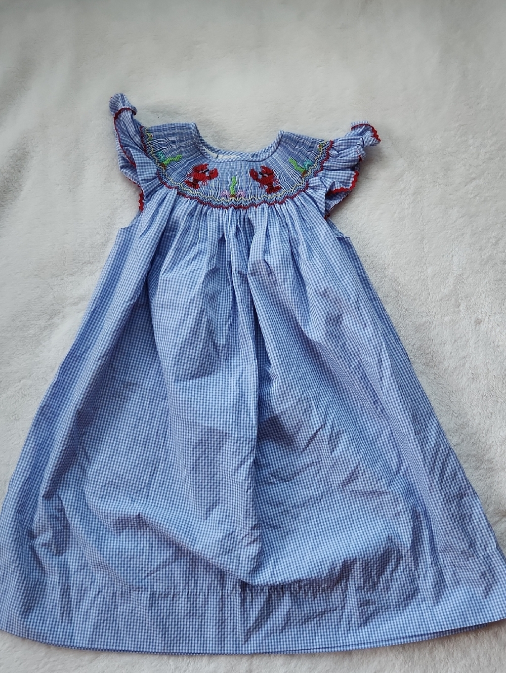 Blue Gingham Smocked Girls Dress with Red Lobster Embroidery, Sz 4T